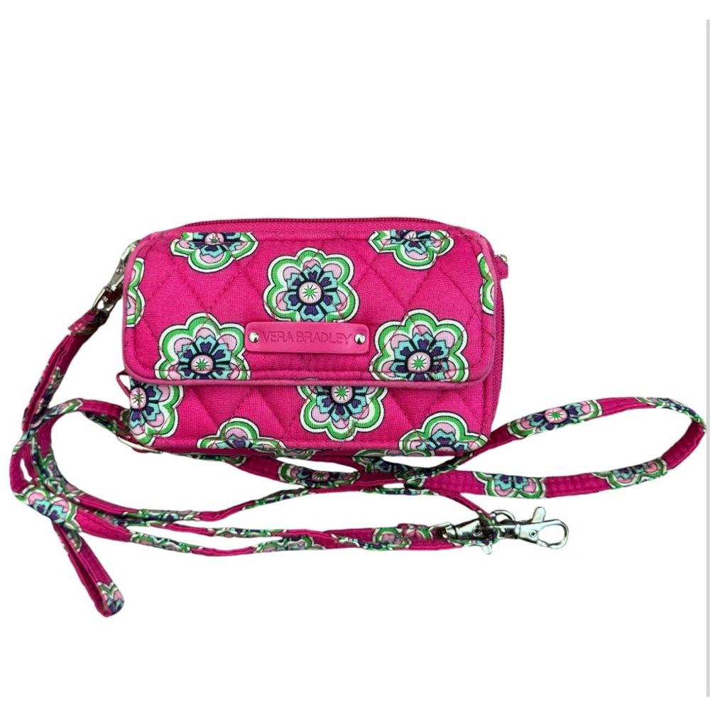 Vera Bradley Pink Swirls Flowers Quilted Compact Crossbody Wristlet/Wallet/Purse